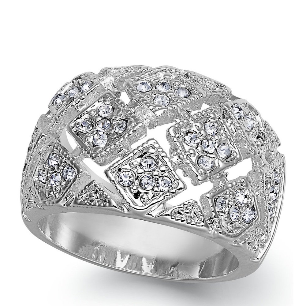 Silver Plate Crystal Mesh Wide Ring. Size 6